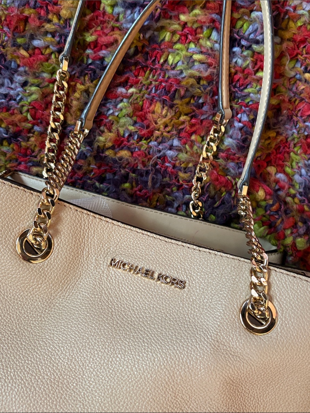 Michael Kors Teagan Light Tan Pebbled Leather Chain-Strap Tote